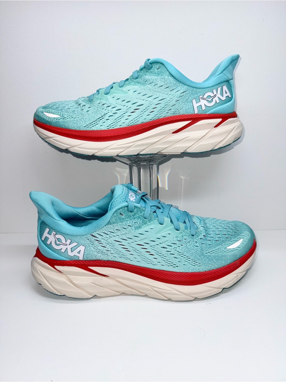 Hoka Clifton 8 Women's Aqua Running Shoes with Red Trim